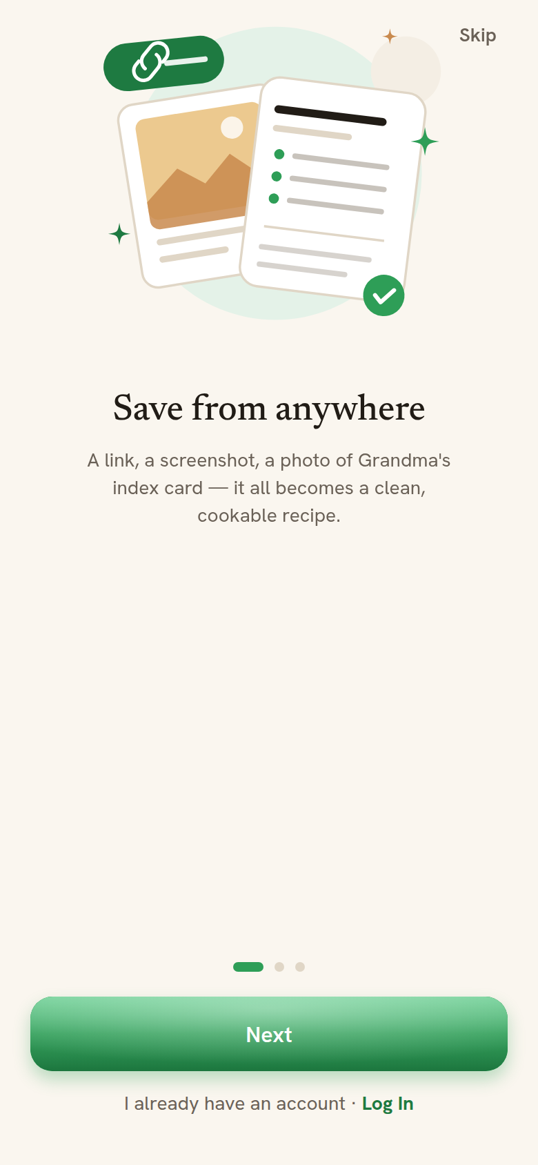 Feelspoon app — Save from anywhere: a link, screenshot, or photo becomes a clean, cookable recipe.